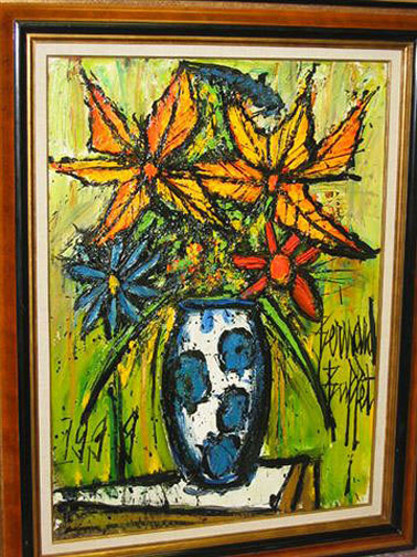 Bernard Buffet: Bouquet dans un Vase Bleu et Blanc, 1999 - Painting