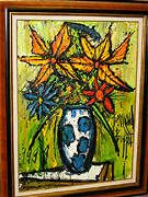 Bernard Buffet: Bouquet dans un Vase Bleu et Blanc, 1999 - Painting(73 x 54 cm.