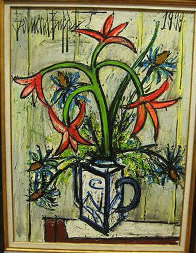 Bernard Buffet: Flowers in a White and Blue Pot - Painting