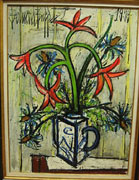 Bernard Buffet: Flowers in a White and Blue Pot - Painting