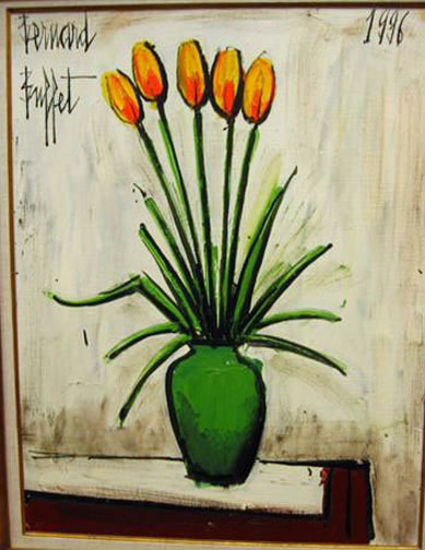 Bernard Buffet: Tulipes dans un Vase Vert, 1996 - Painting